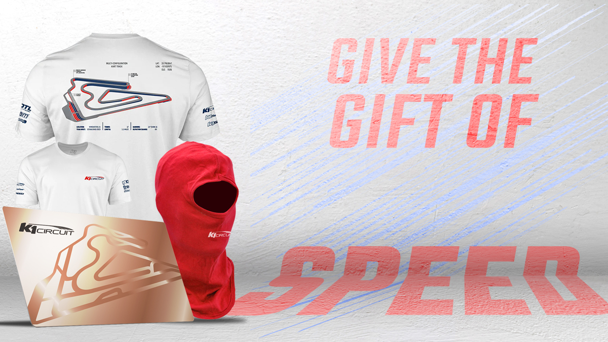 promotional image reads "give the gift of speed" and shows t-shirt, headsock, and bronze license card