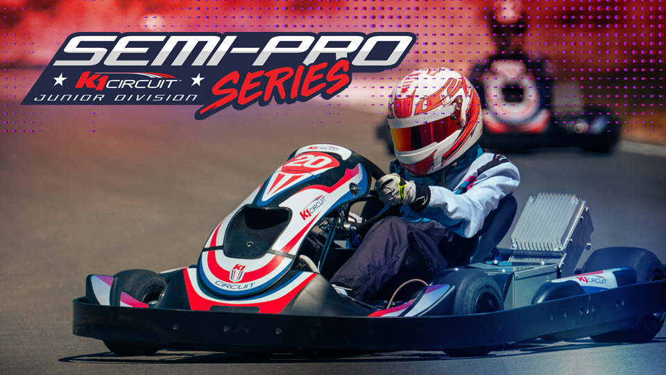 graphic advertising the semi pro series at k1 circuit, junior category with image of two go-karts.