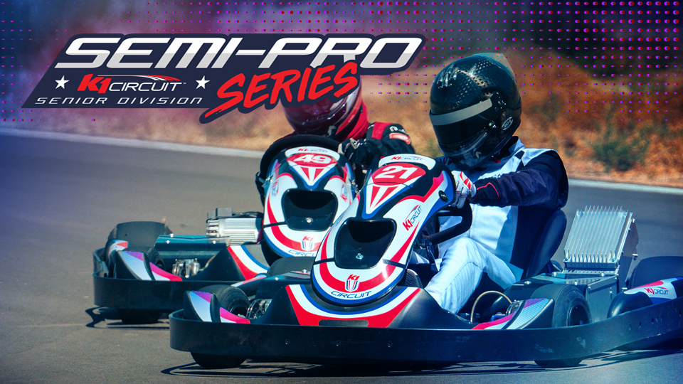 graphic advertising the semi pro series at k1 circuit, senior category with image of two go-karts.